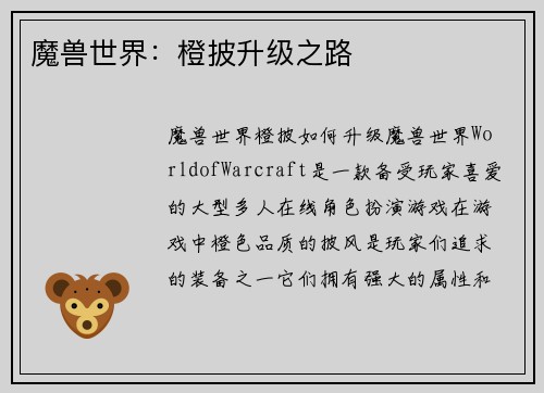 魔兽世界：橙披升级之路
